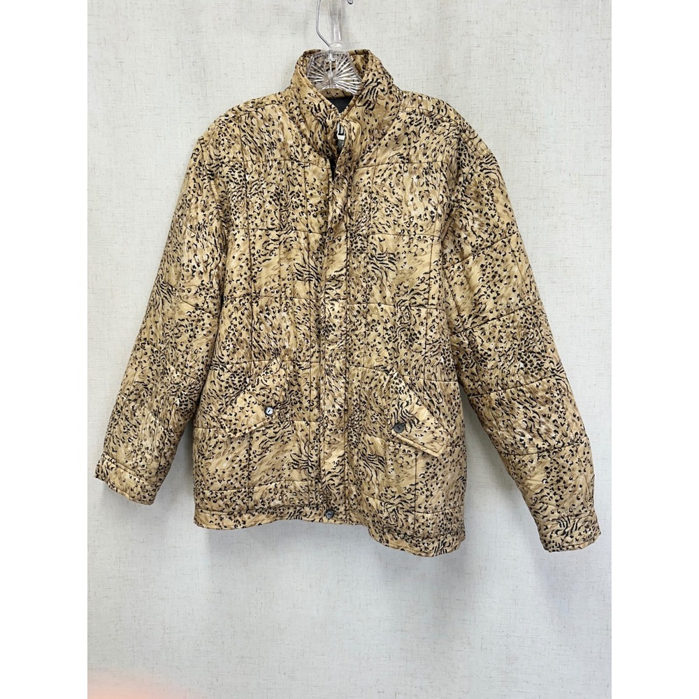 Clio Vintage 90s Quilted Jacket Medium Tan Vintage Animal Print Silk Puffer Coat - Picture 3 of 16